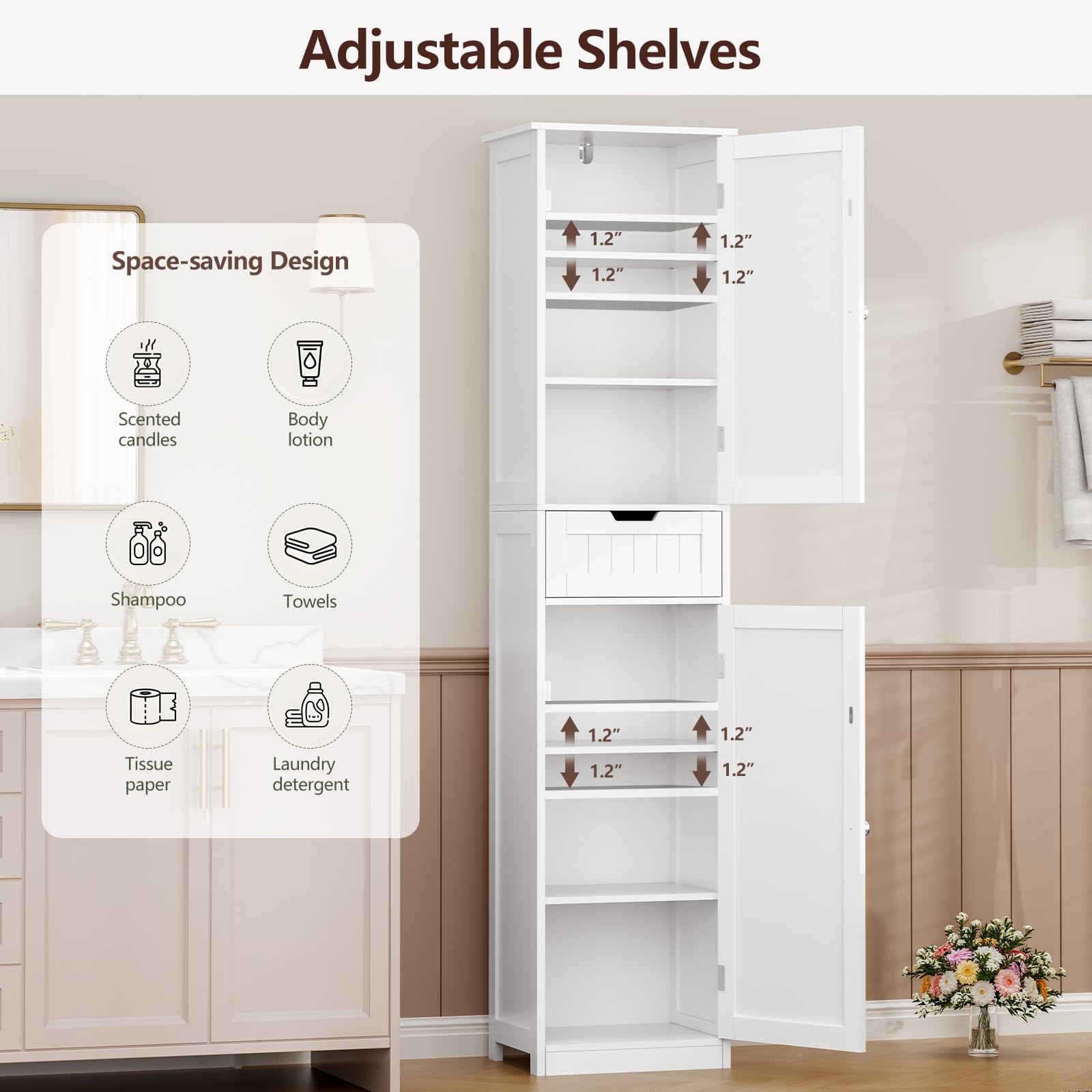 Storage Cabinet, Bathroom Cabinet with 2 Doors & 1 Drawer, Storage Cabinet with Adjustabl