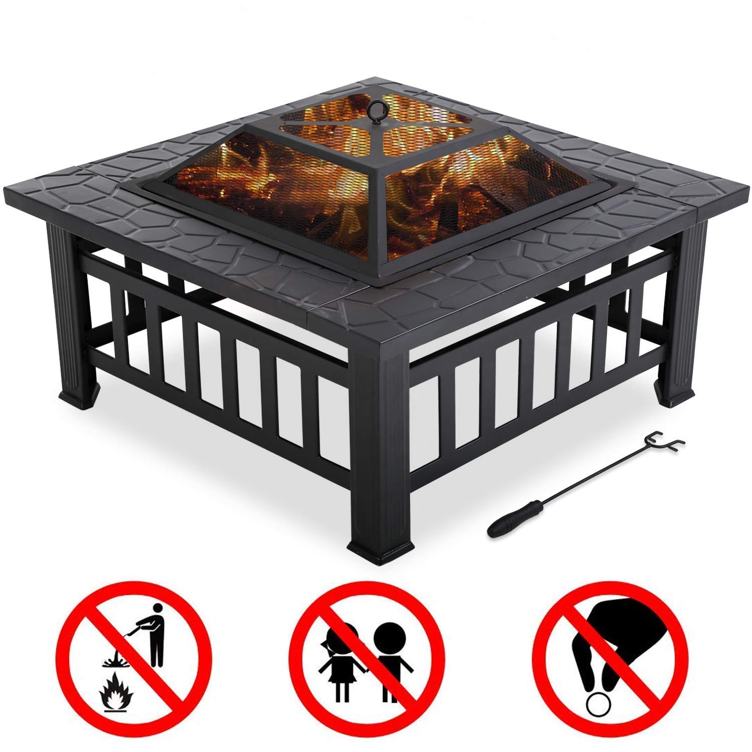 Best Outdoor Fire Pit for Wood 32" Metal firepit for Patio Wood Burning Fireplace Square Garden Stove with Charcoal Rack, Poker & Mesh Cover for Camping Picnic Bonfire Backyard, High Capacity Firepit
