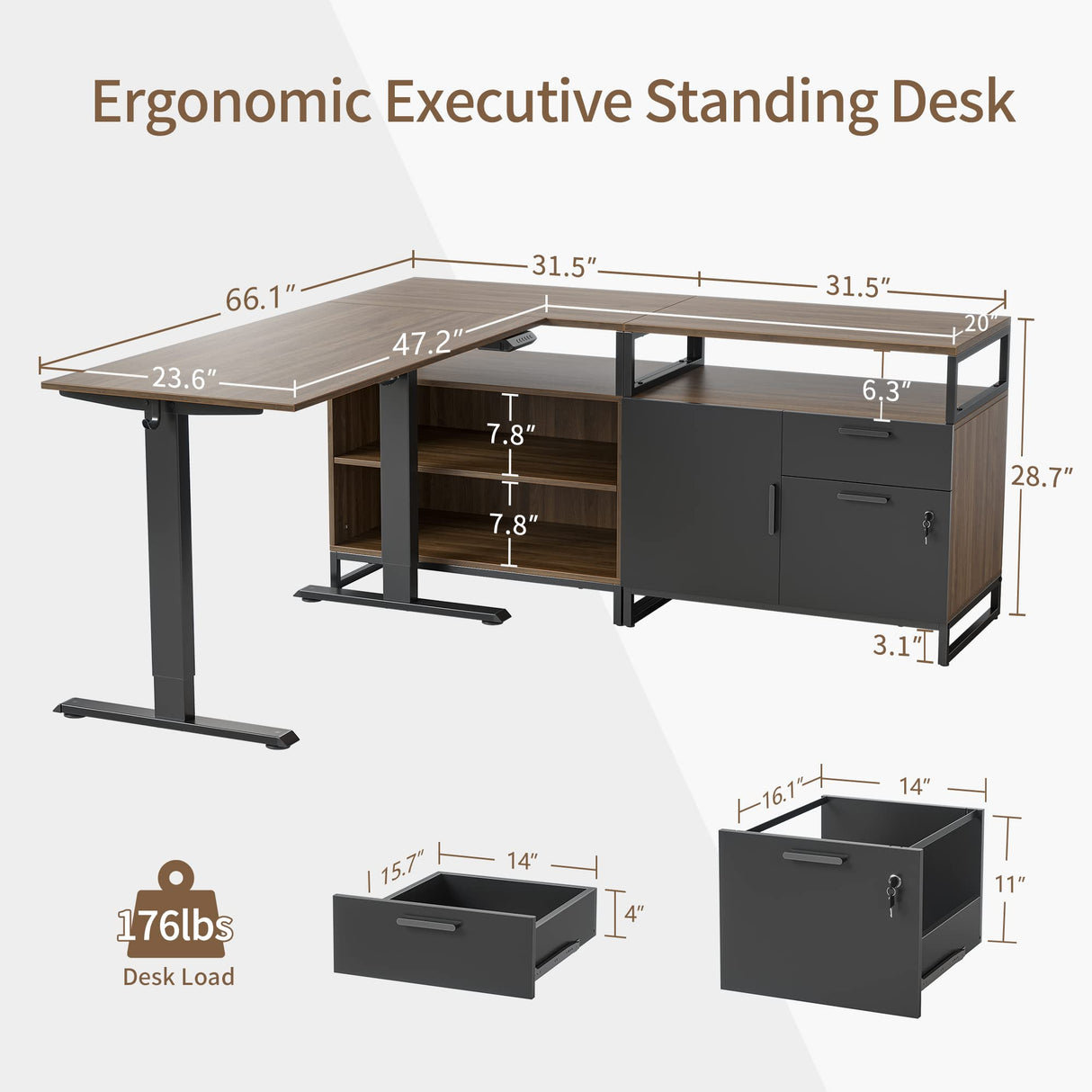 66 Inch Executive L Shaped Standing Desk with 2-Drawer File Cabinet