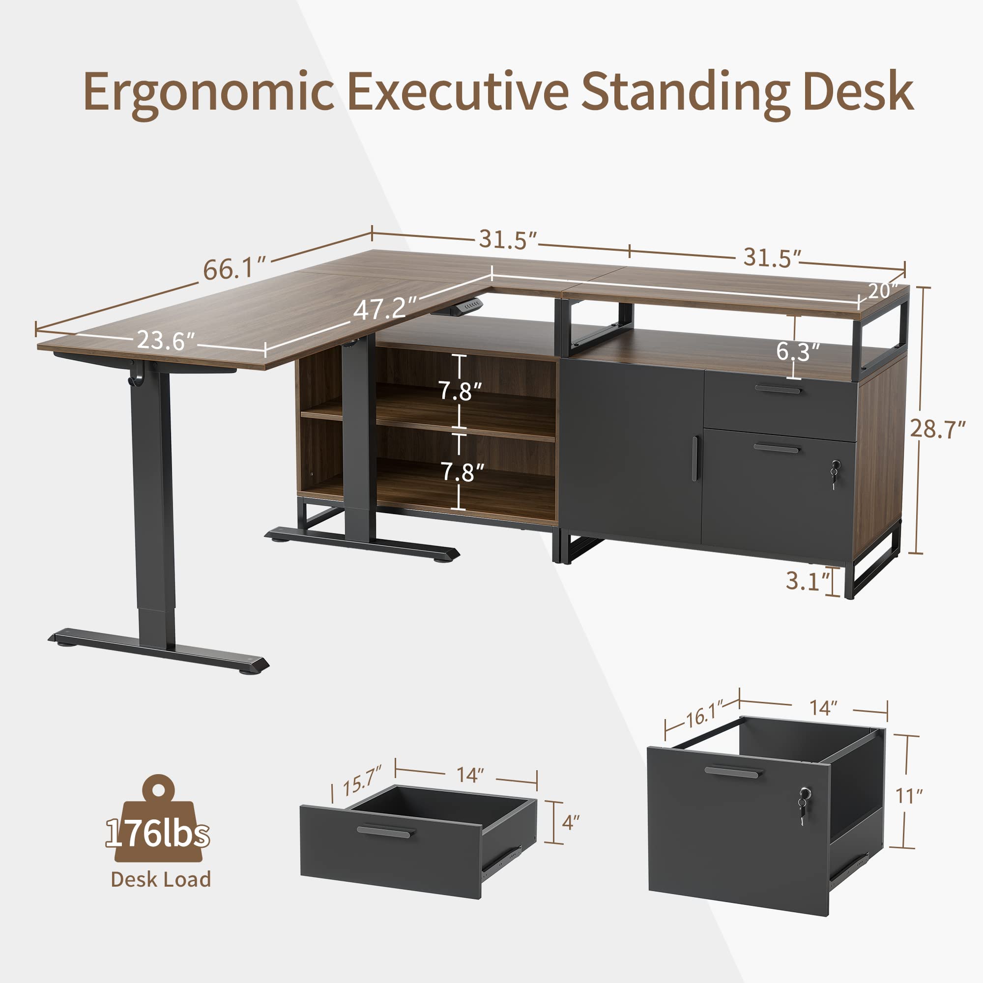 66 Inch Executive L Shaped Standing Desk with 2-Drawer File Cabinet