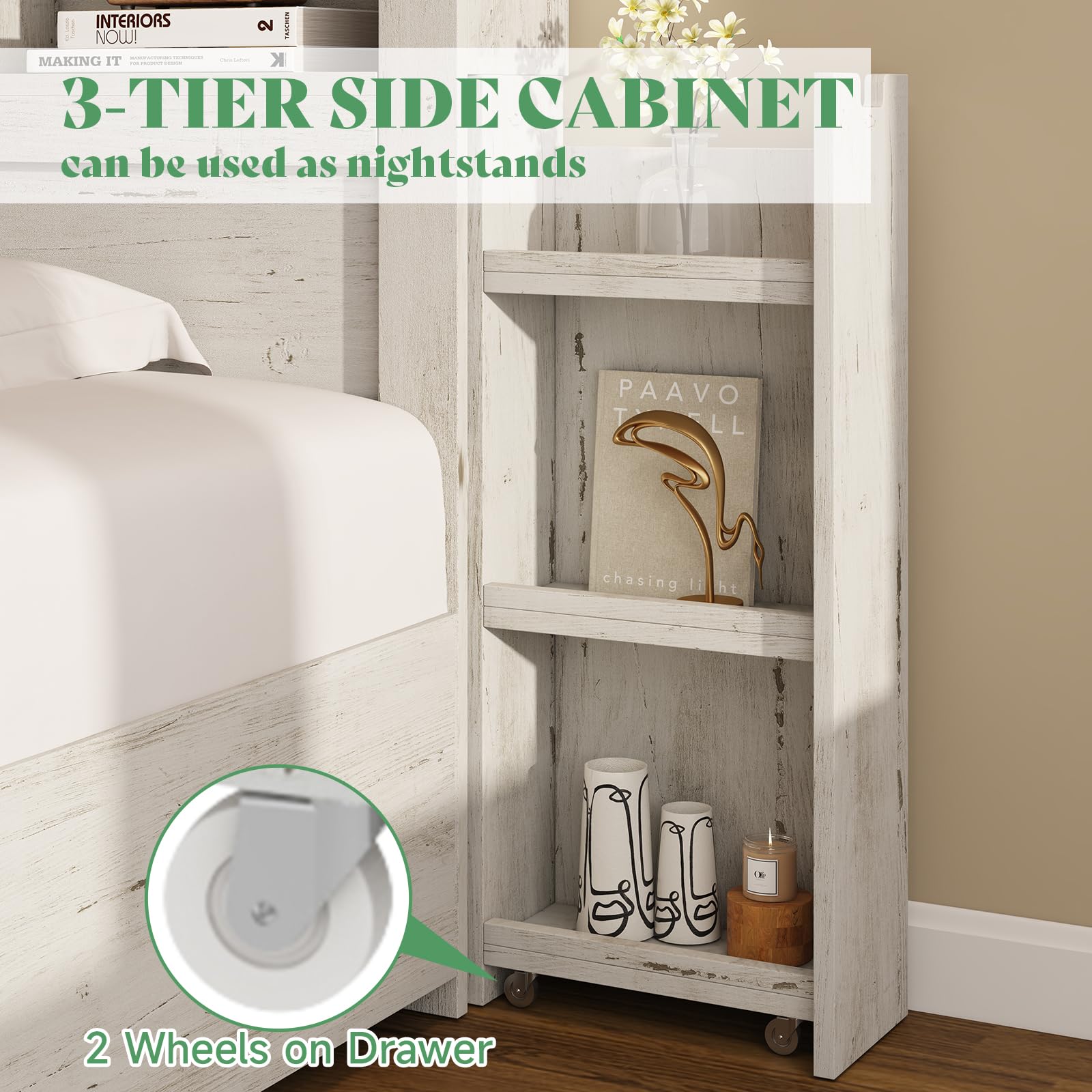 Queen Bed Frame with 4 Storage Drawer, LED Bed Frame with 49.6" Tall Bookcase