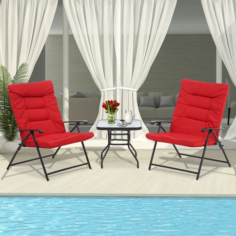 3 Pcs Folding Chair Set Outdoor Furniture Adjustable Reclining Bistro Set with Red Cushions
