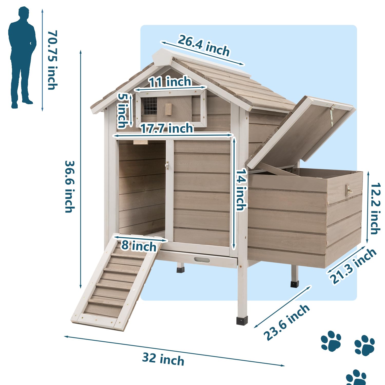 Ketive Chicken Coop Chicken House Outdoor with Removable Trays, Wooden Rabbit Hutch Poultry Cage with Nesting Box, Indoor Hen House Chicken Cage with Ramp for Garden Backyard (32"L x 23.6"W x 36.6"H)
