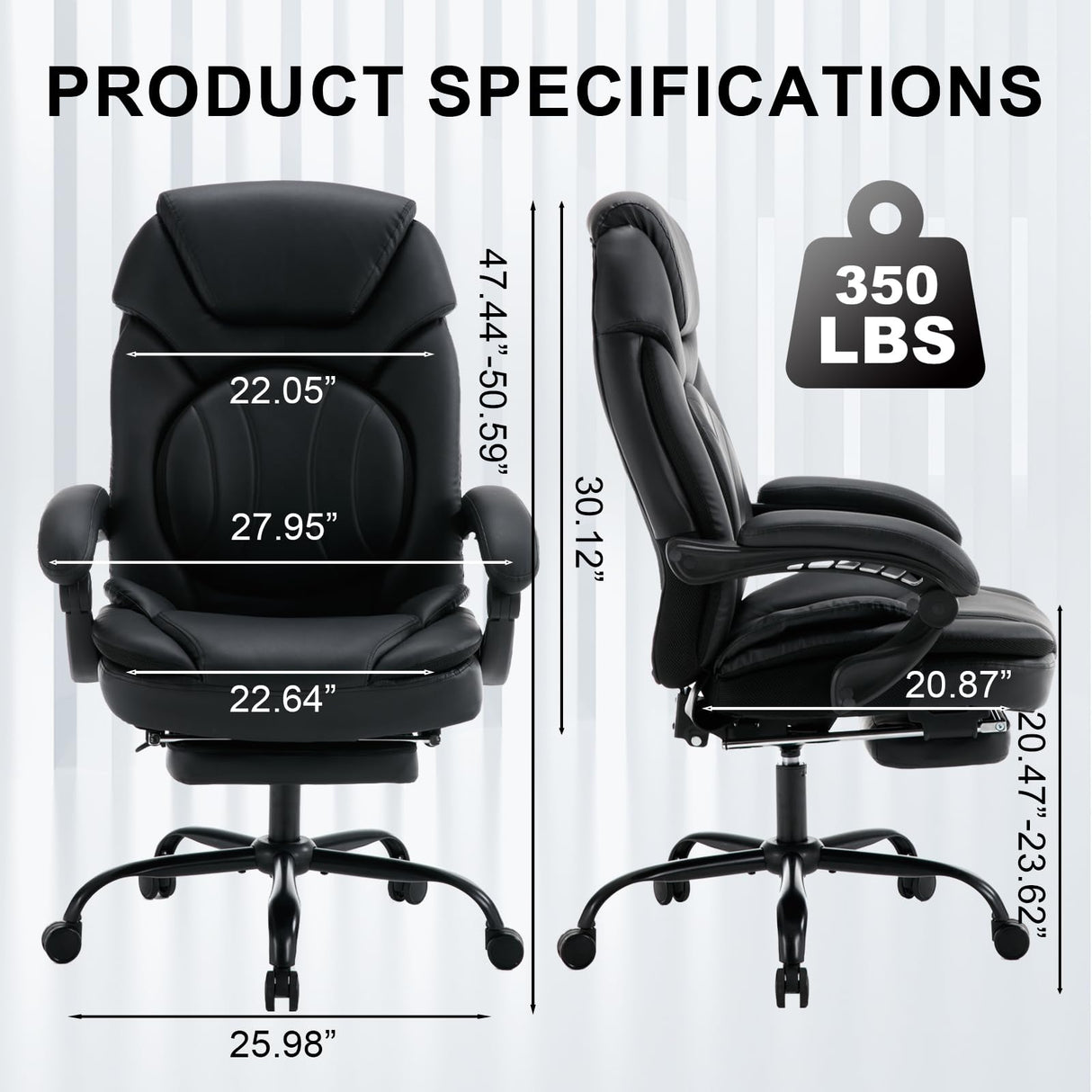 350lbs Reclining Office Desk Chairs with Back Support Footrest, PU Leather Wide