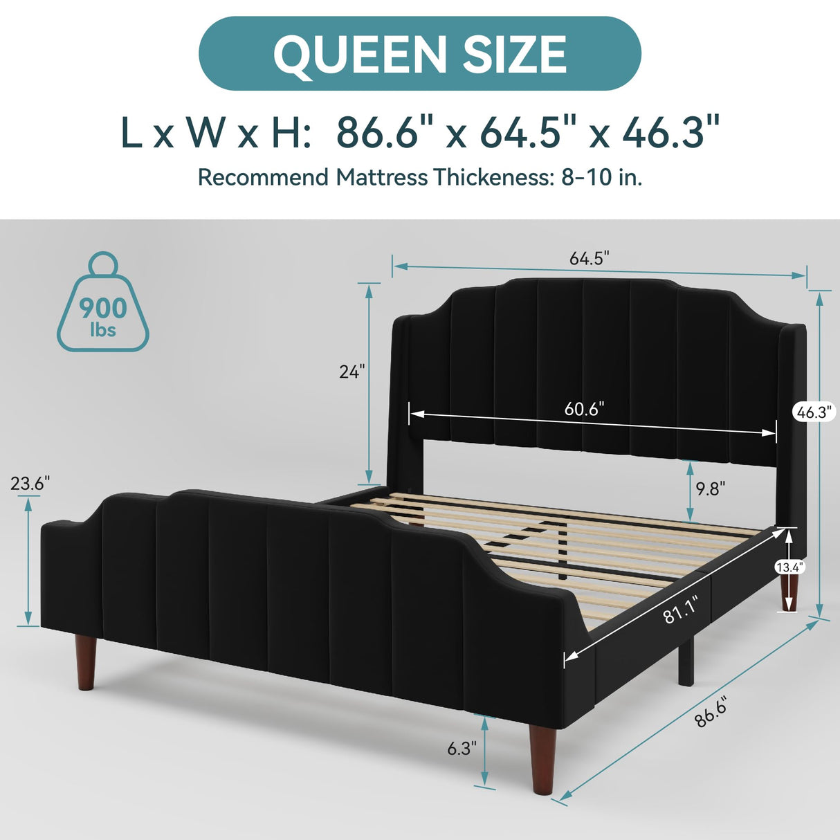 Queen Size Upholstered Velvet Bed Frame with Curved Vertical Wingback Headboard