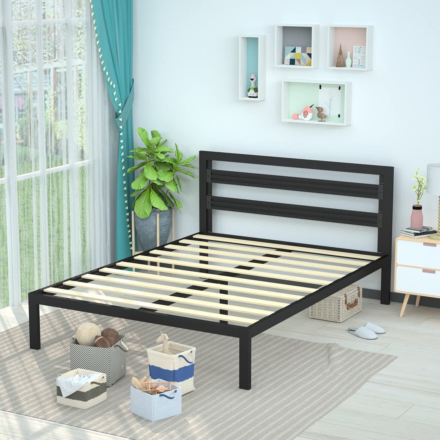 Industrial Metal Bed Frame with Headboard - Queen, Black
