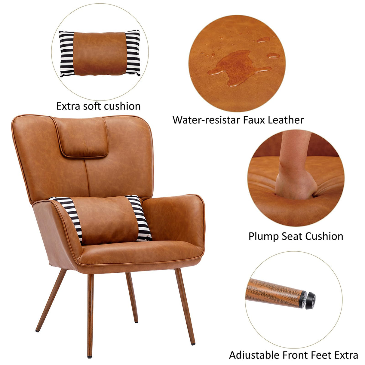 Faux Leather Wingback Chair, Arm Chair, Upholstered Living Room Chairs