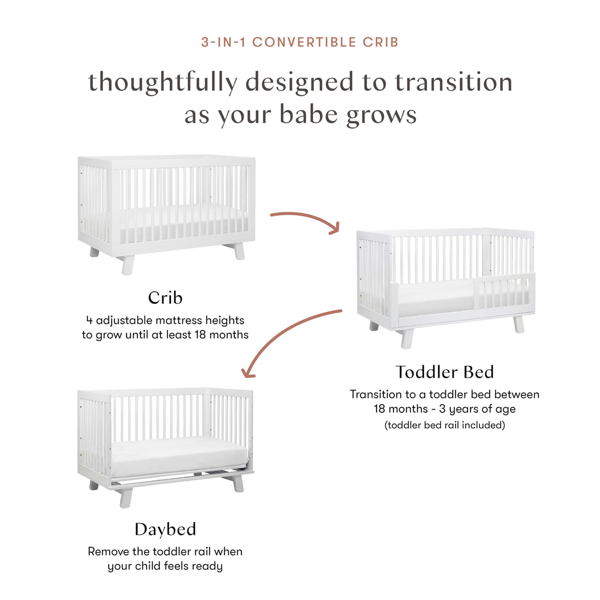 Hudson 3-in-1 Convertible Crib with Toddler Bed Conversion Kit in White,