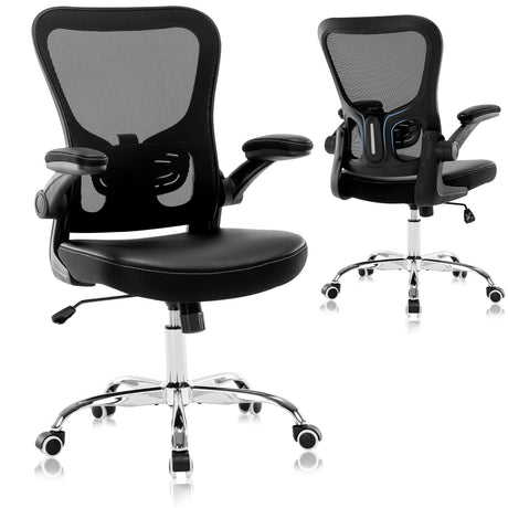 Ergonomic Desk Chair,Mesh Computer Chair with PU Leather Flip-up Armrest,Home Office