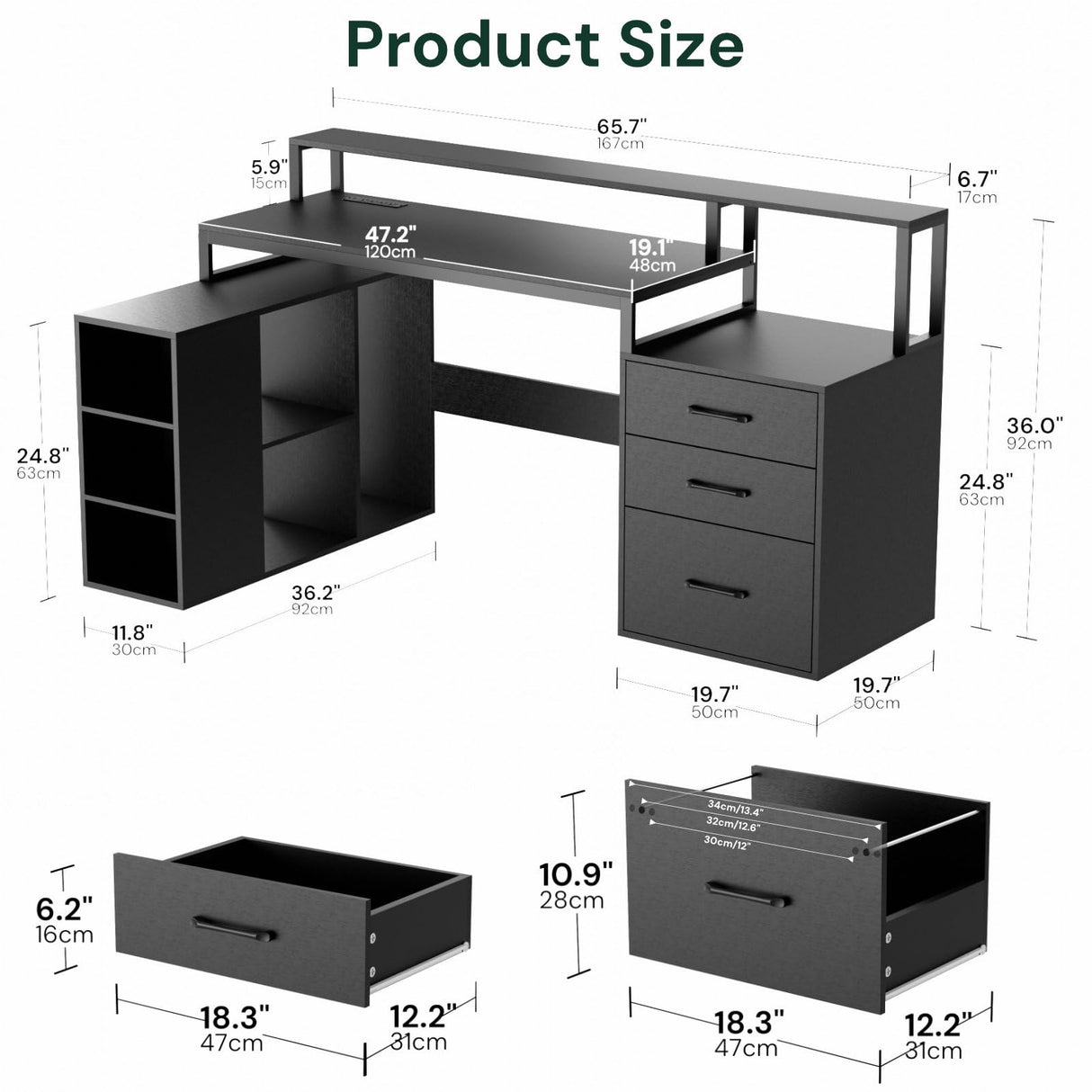 L Shaped Computer Desk with 3 Drawers, 65.7" Large Desk with Power Outlet