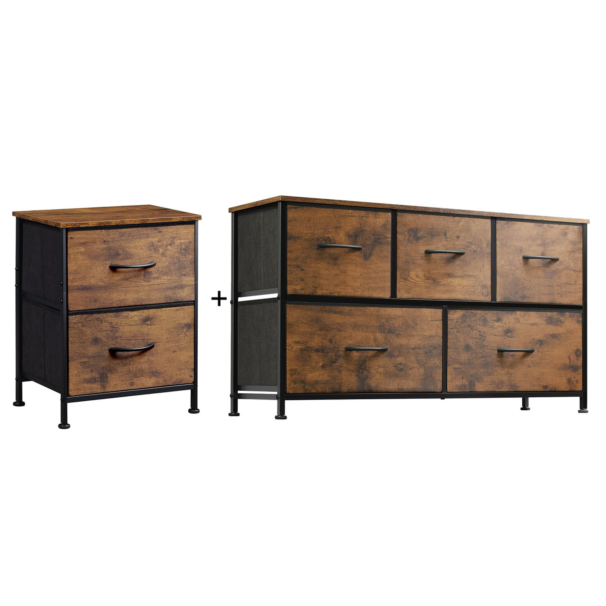 2-Drawer Nightstand and 5-Drawer Dresser Set, Fabric Storage Tower for Bedroom