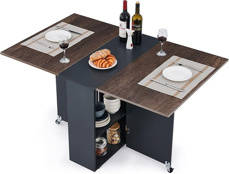 Modern Folding Dining Table, Drop Leaf Dining Table & Expandable Kitchen Table with Drawer & Storage Shelves,