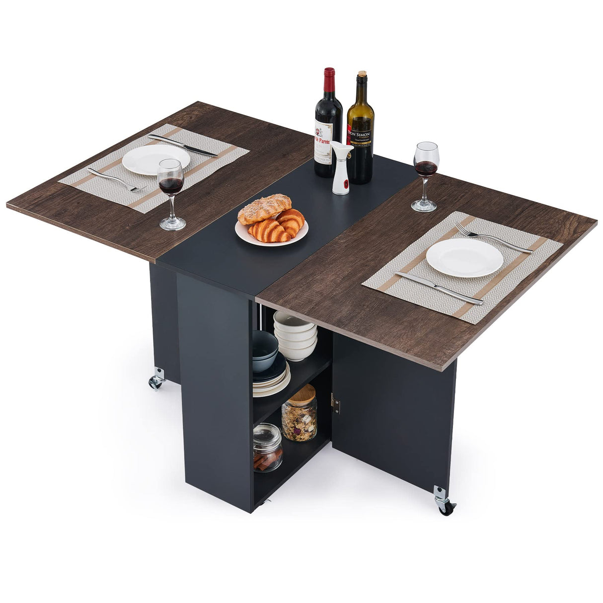 Modern Folding Dining Table, Drop Leaf Dining Table & Expandable Kitchen Table with Drawer & Storage Shelves,