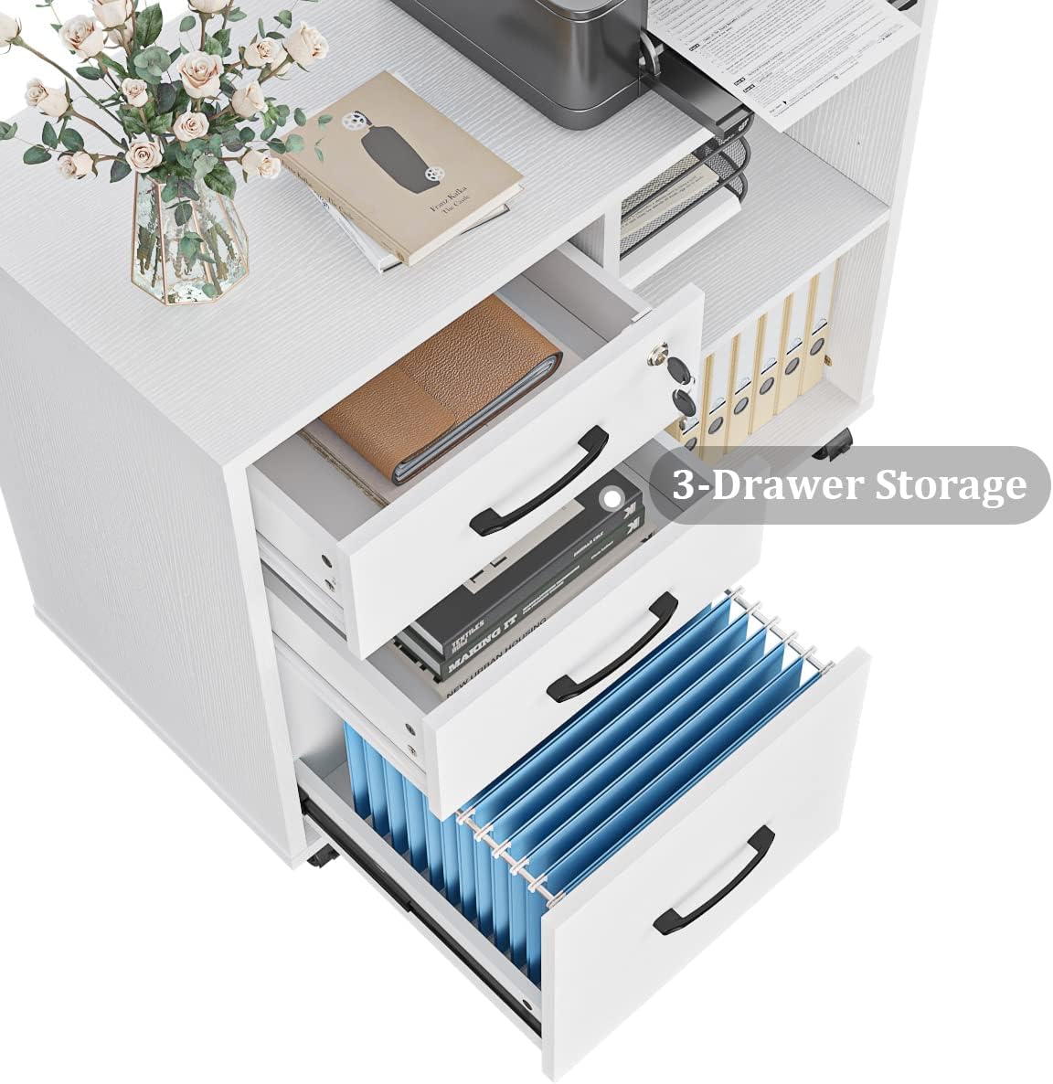 3 Drawer File Cabinets, Mobile Lateral Printer Stand with Open Shelf, Rolling Filing Cabinet