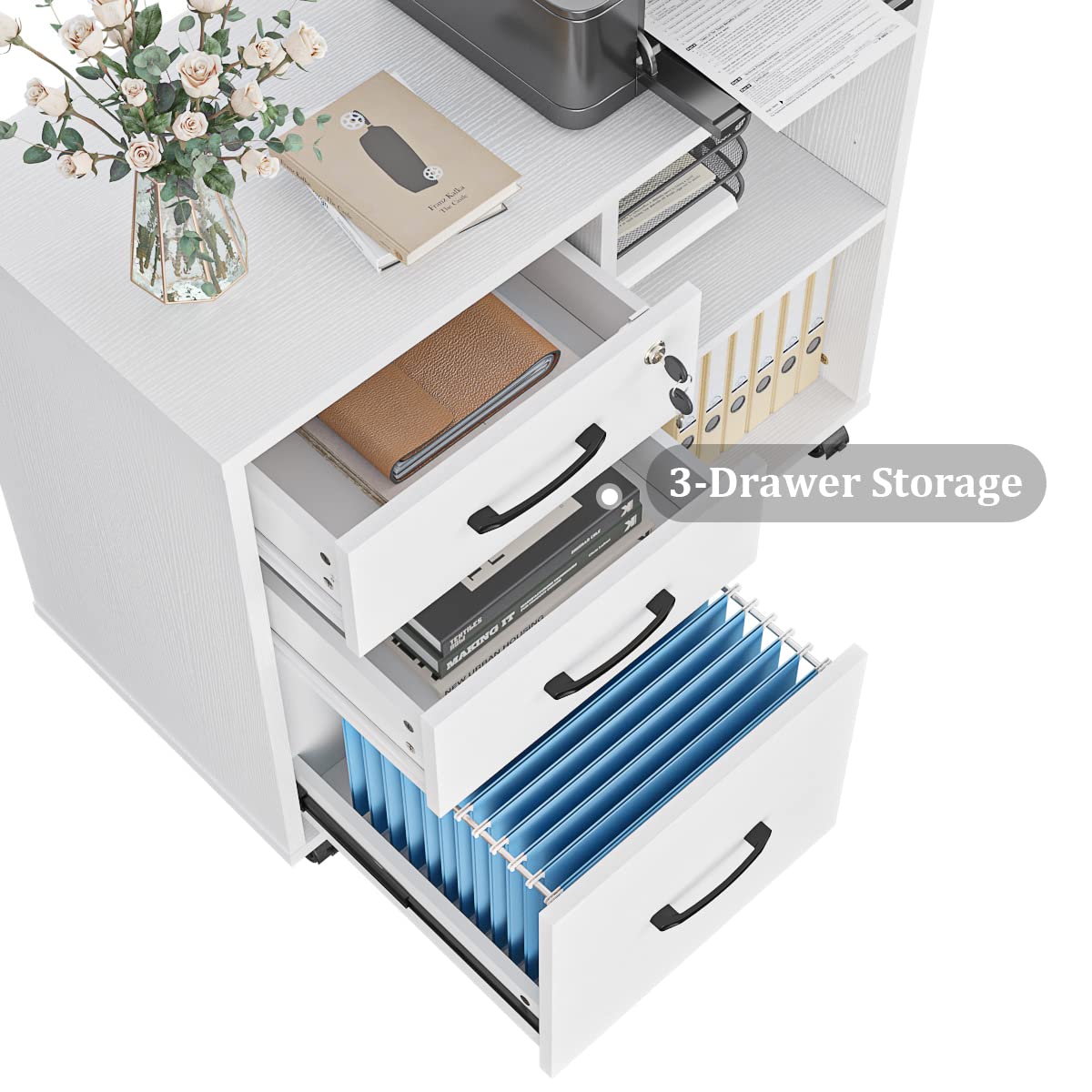 3 Drawer File Cabinets, Mobile Lateral Printer Stand with Open Shelf, Rolling Filing Cabinet