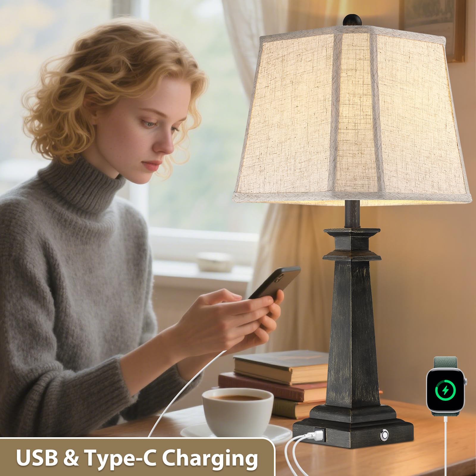 27.5" Farmhouse Table Lamps Set of 2 with USB Charging Ports