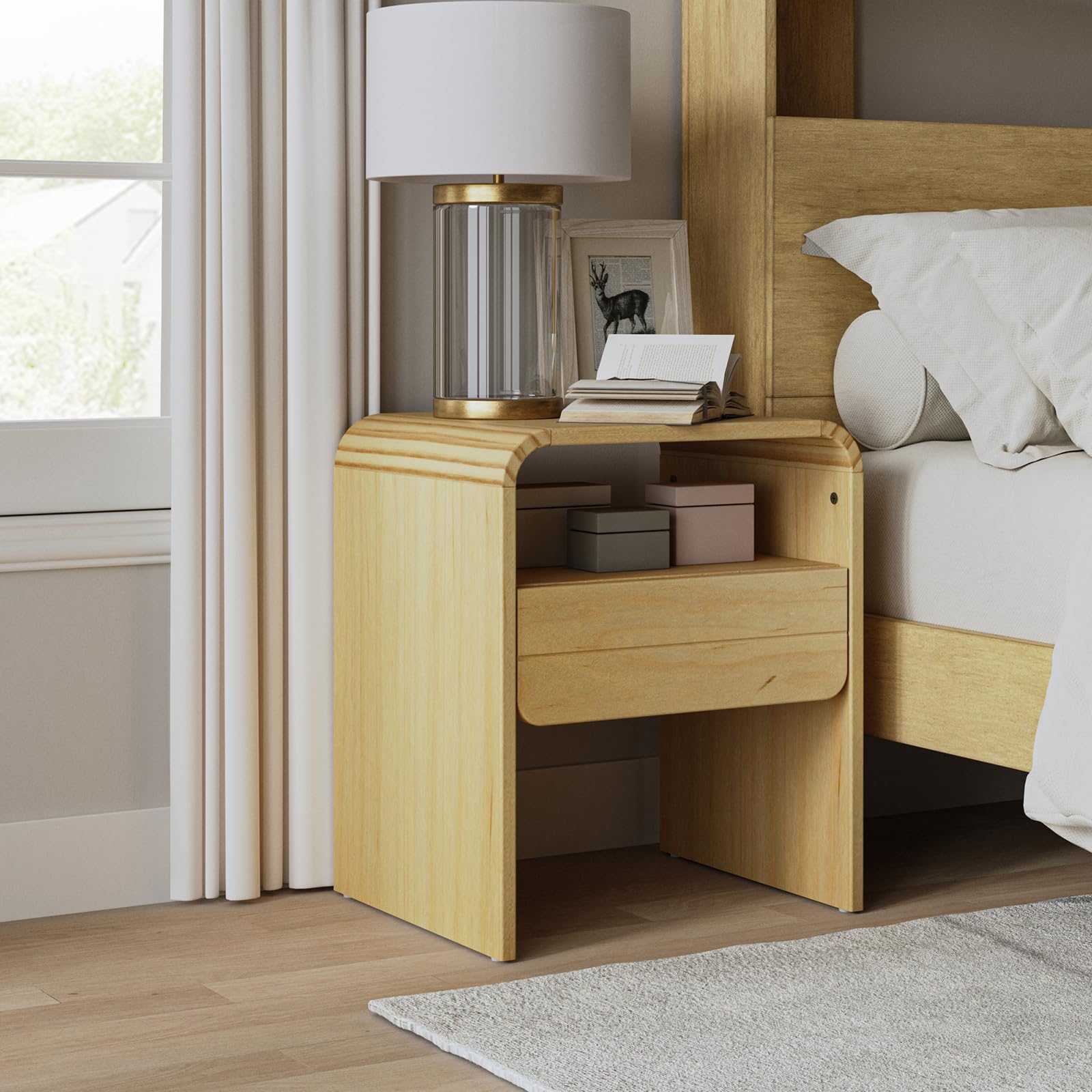 Nightstand with 1-Drawer, Modern Curved-Top Nightstand