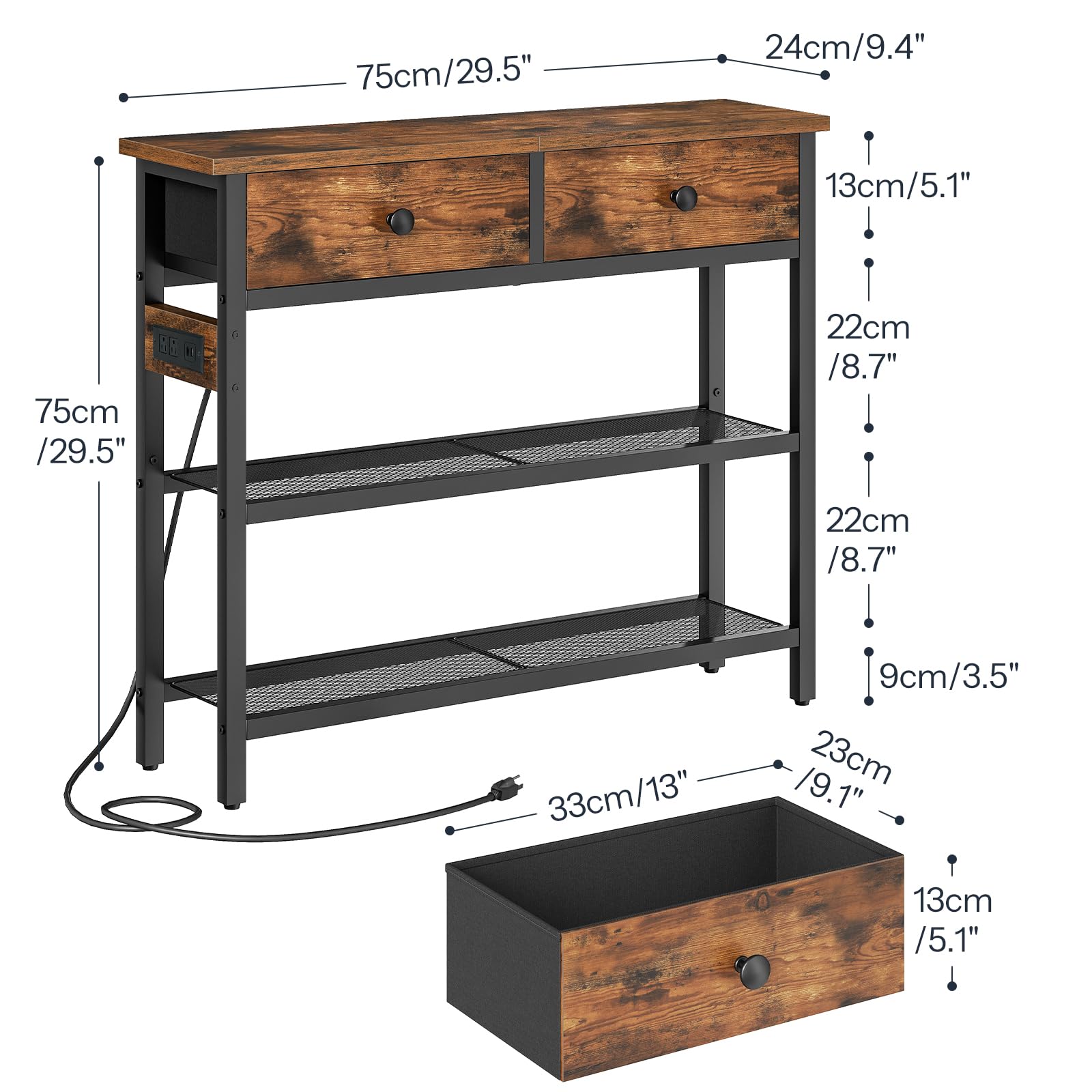 29.5" Narrow Console Table with Power Outlet & Fabric Drawers