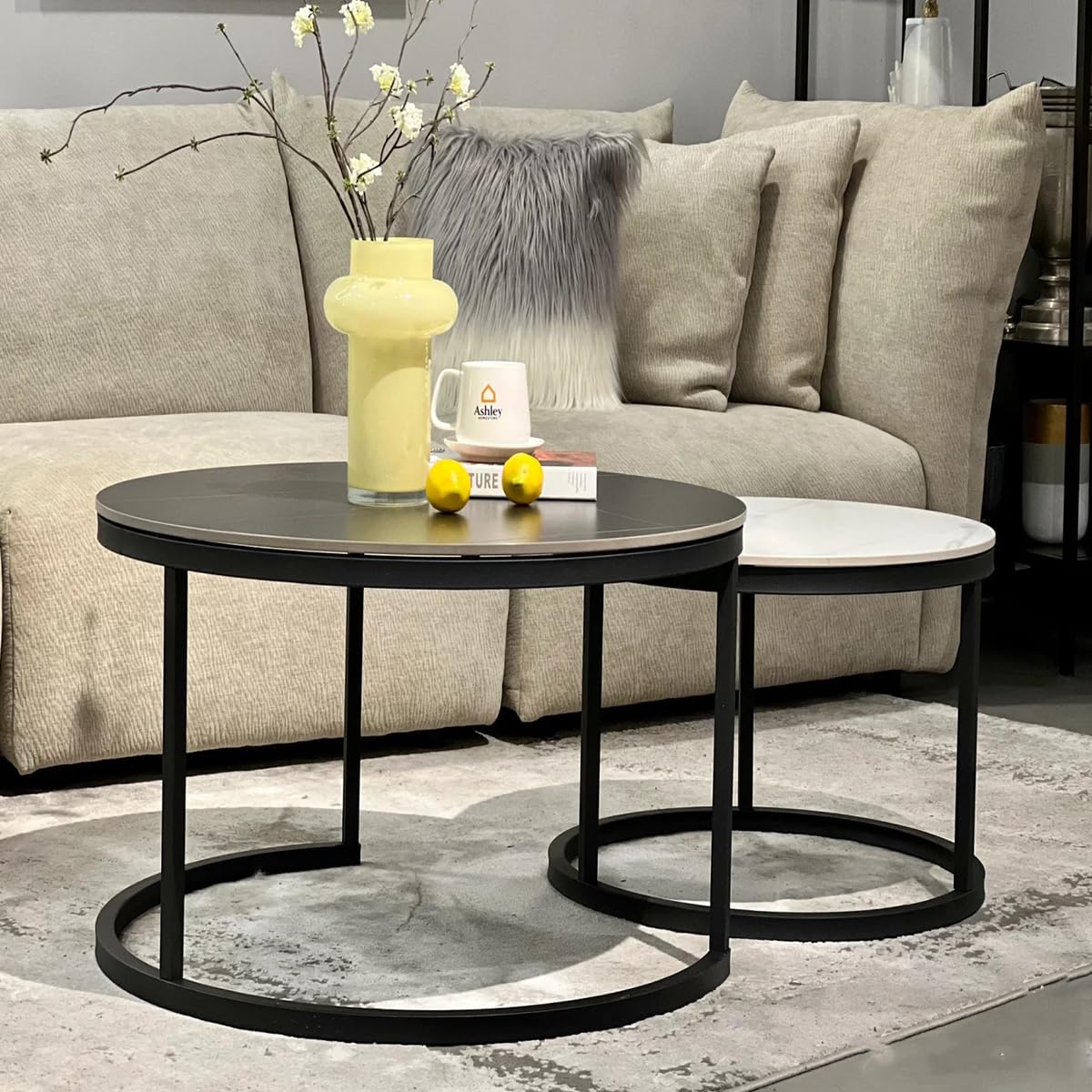 Round Coffee Table Set of 2 with Wood Top for Living Room, Modern Nesting Center