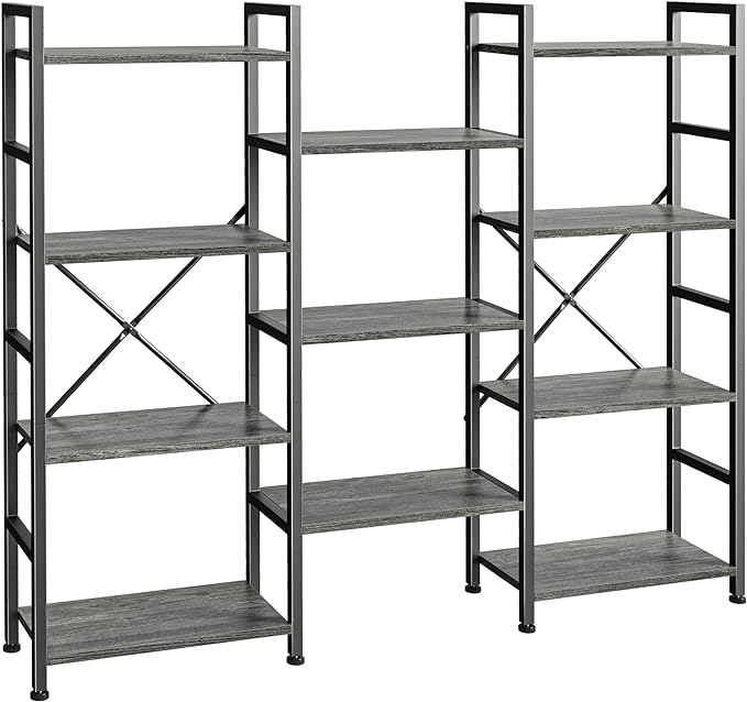 Triple 4 Tier Bookshelf, Bookcase with 11 Open Display Shelves