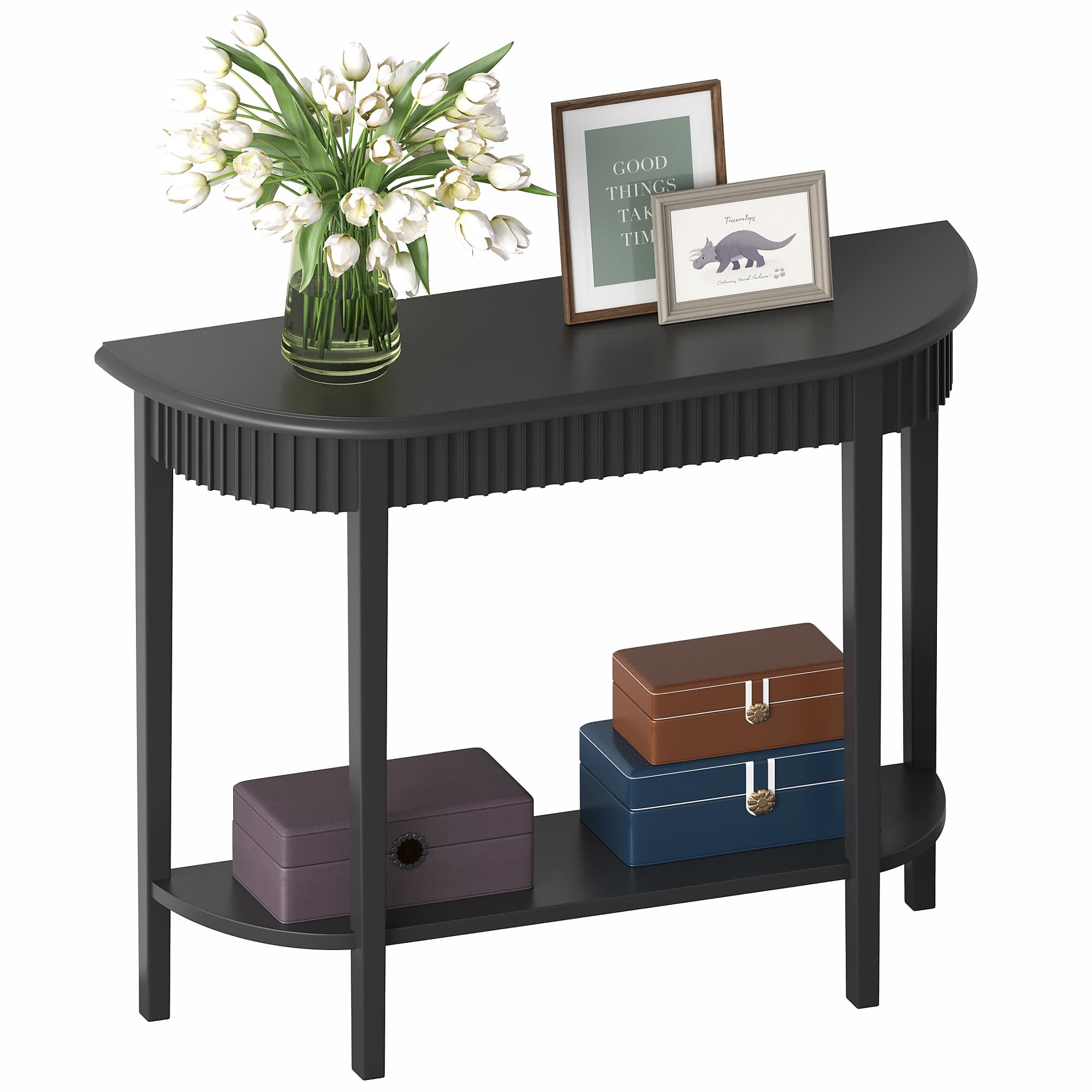 Black Half-Moon 2-Tier Console Table for Entryway