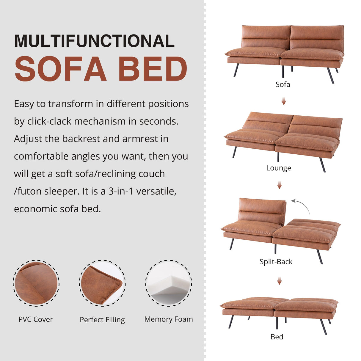 Memory Foam Futon Sofa Bed, Convertible Futon Sofa Couch with Adjustable Backrest