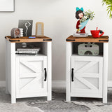 End Table with Charging Station, Farmhouse Nightstand with Barn Door,