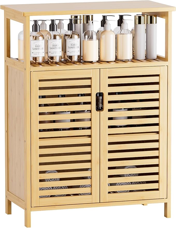 Bathroom Cabinet Freestanding, Bamboo Storage Cabinet 4-Tier Floor Cupboard