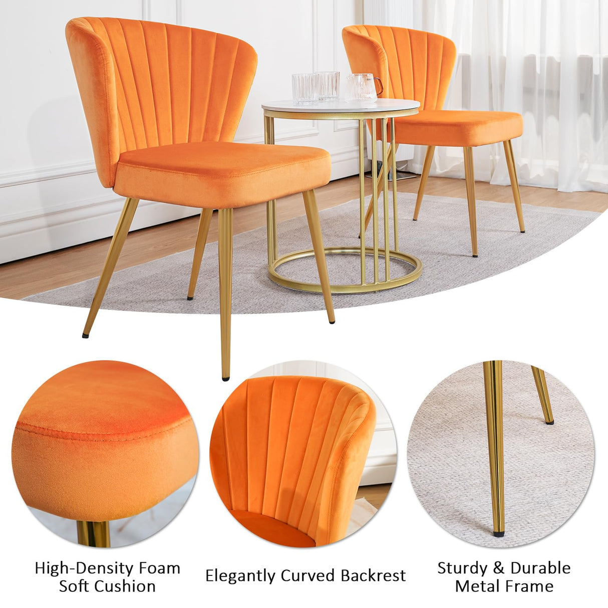 Velvet Dining Chairs Set of 4, Modern Upholstered Kitchen Chair with Golden Metal Legs, Orange Dinner Chairs