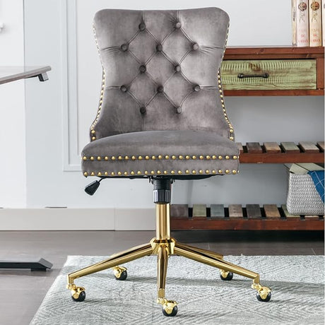 Office Chair Velvet Upholstered Tufted Button Chair with Golden Metal Base Adjustable Desk Chair