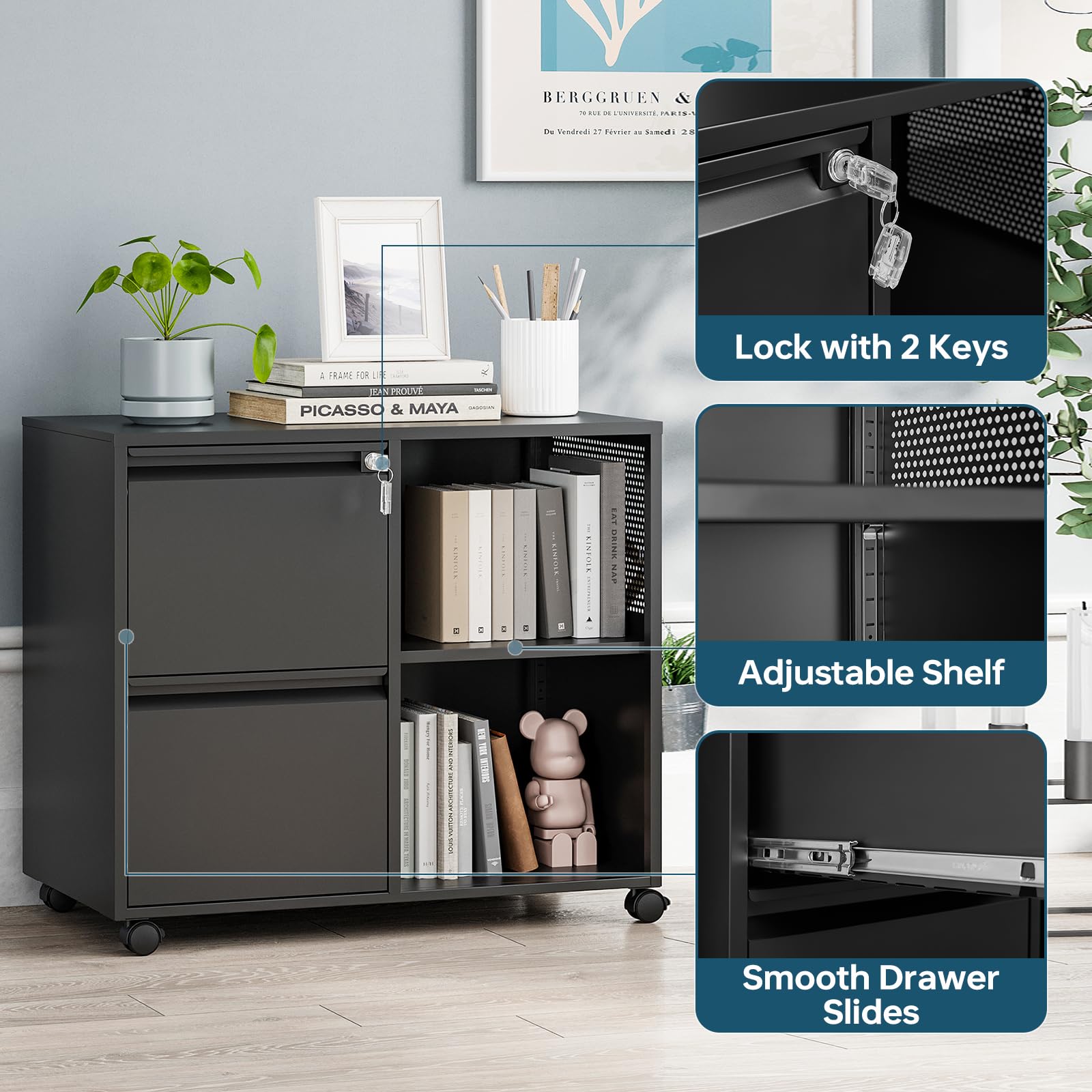 2 Drawer File Cabinet on Wheels, Metal Filing Cabinets with Storage Shelves