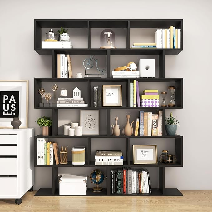 6 Tier S Shaped Bookshelf, 31.5''L x 9''W x 75''H, Wooden Bookcase and Bookshelves w/Anti-Toppling Device, Room Divider Display Shelves for Living Room, Home Decor, 6 Shelf Bookshelf