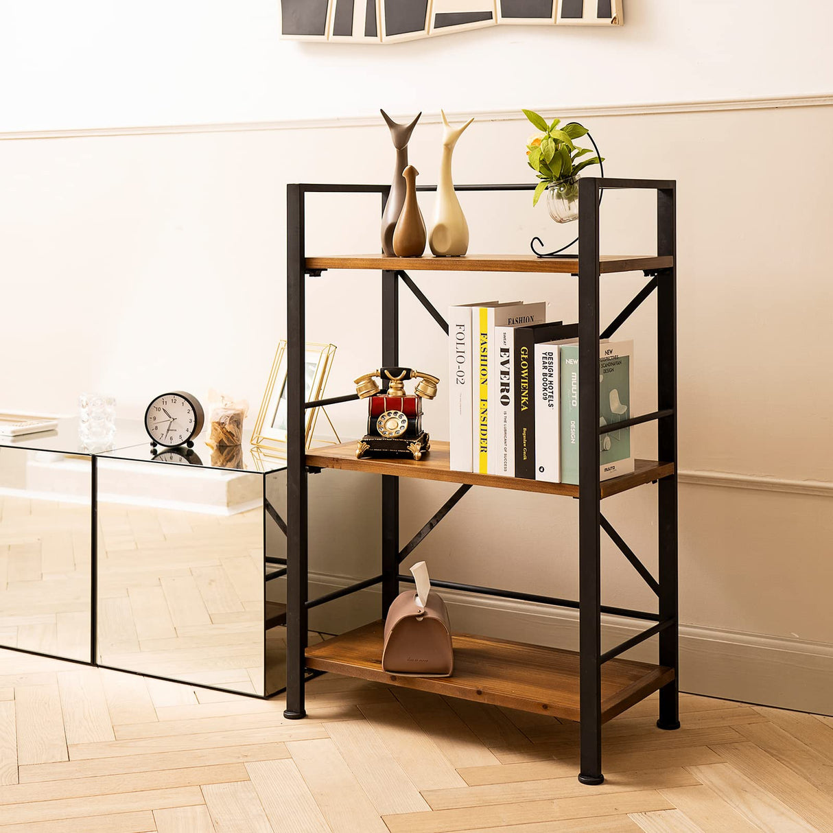 Rustic Bookshelf, 3 Tier Real Wood Bookshelf, Metal Book Shelf for Storage, Black Bookcase, 12.6" D x 23.62" W x 36.61" H