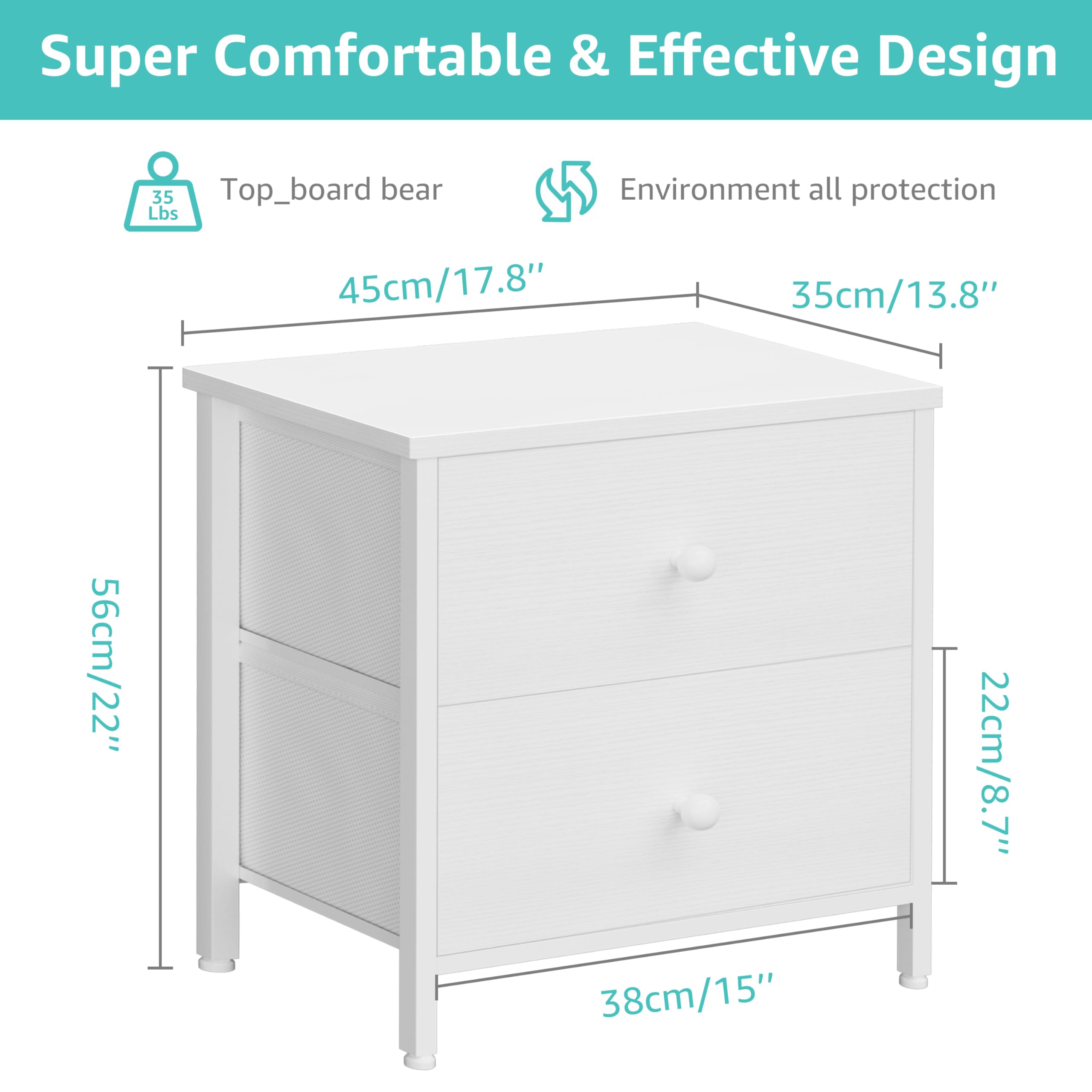 White Nightstands Set of 2, 2 Drawer Dresser