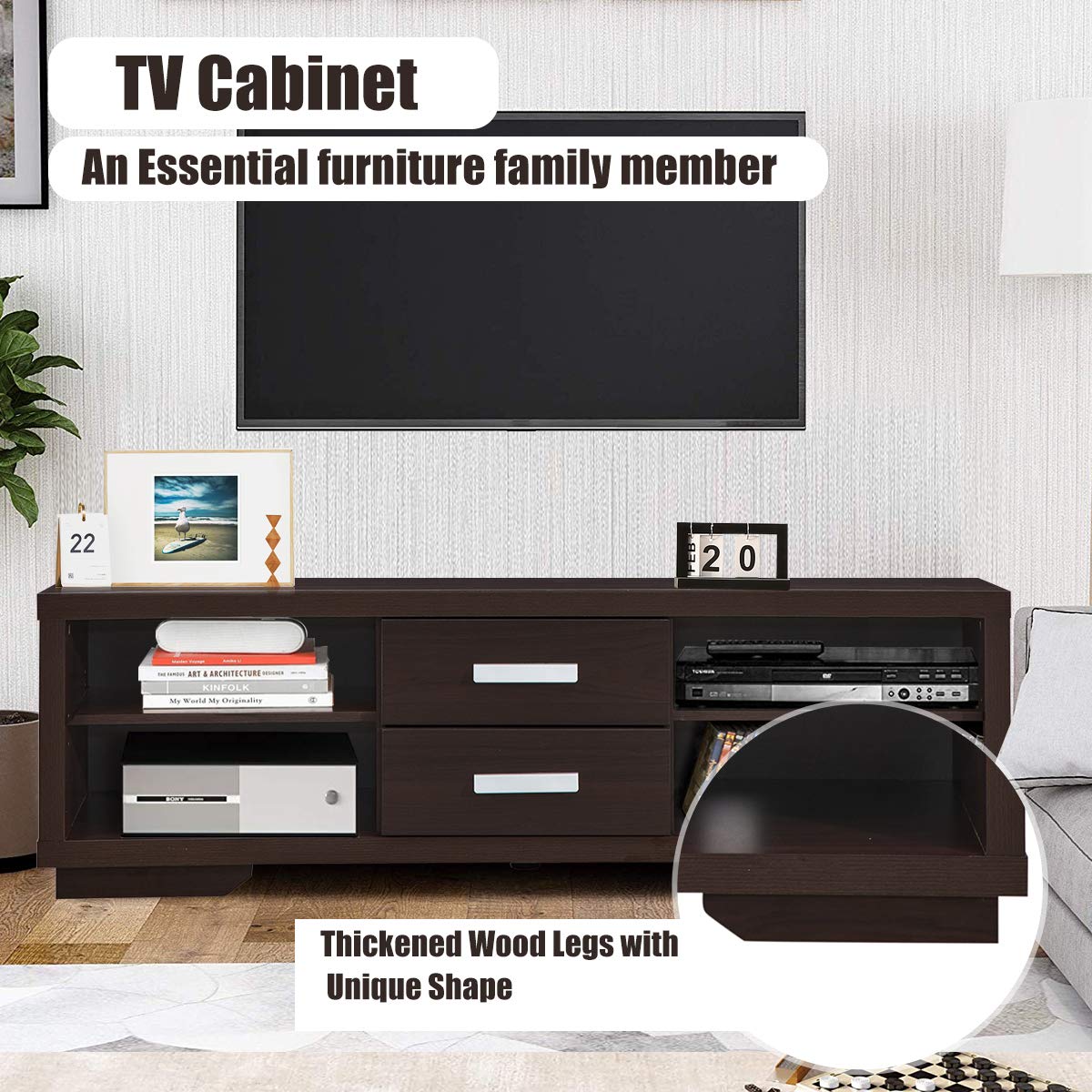 Modern TV Stand, Wood Universal Stand for TV's up to 65" Flat Screen, Home Living