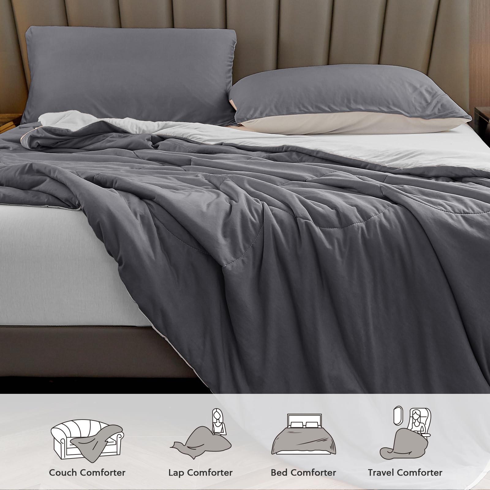 HOMFINE Cooling Comforter Japanese Double-Sided Cold Tech Fabric Cooling Blanket for Night Sweats Hot Sleepers, Q-Max 0.45 Soft Breathable Silky Smooth Lightweight Grey Summer Comforter Queen