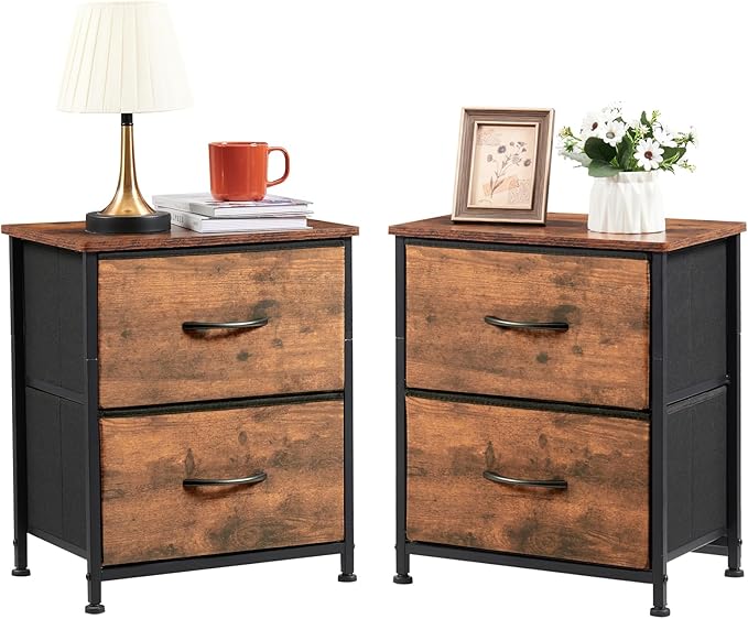 Nightstand with 2 Drawers, Bedside Table Small Dresser with Removable Fabric Bins
