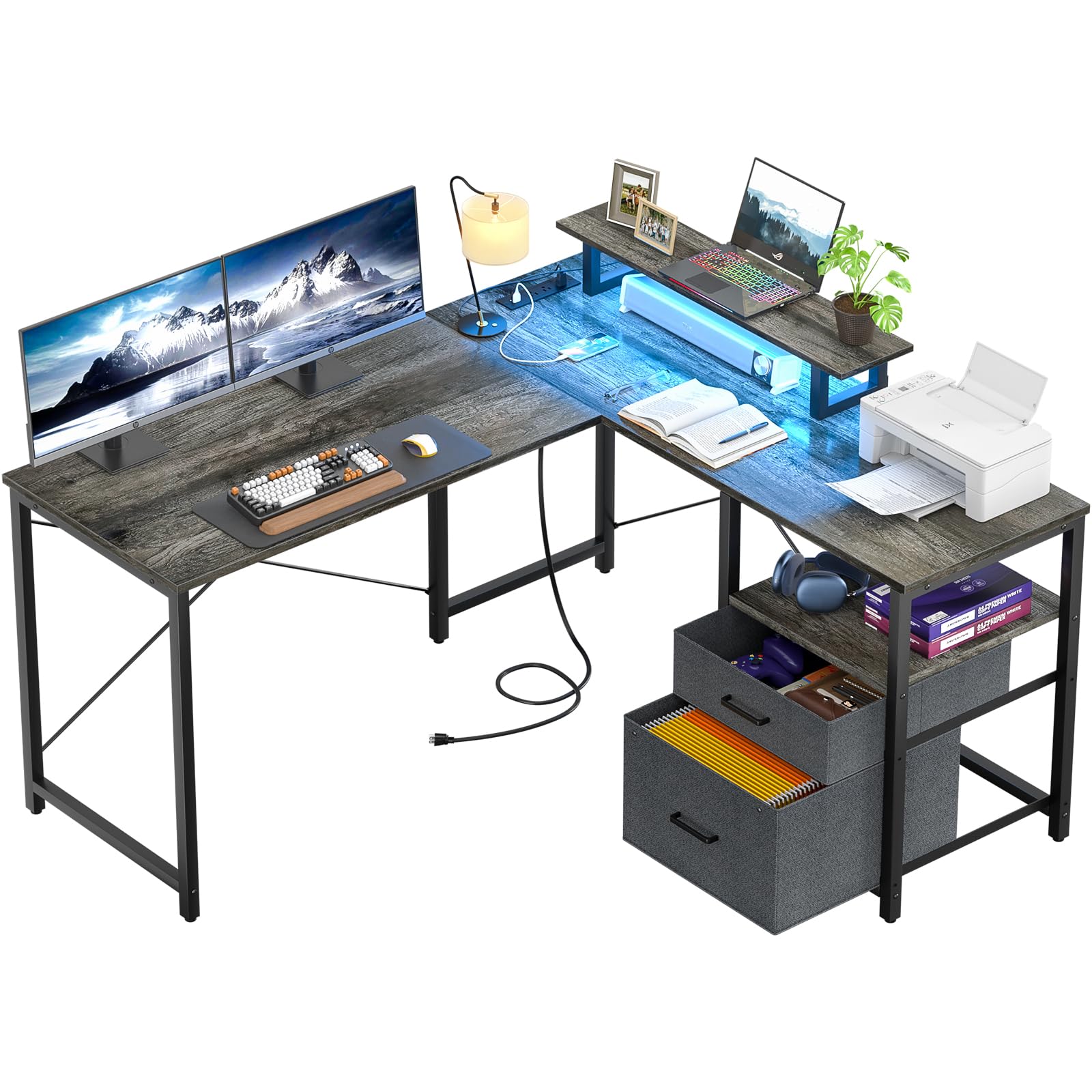 L Shaped Computer Desk with Storage File Drawer, Reversible Home Office Desk with Recessed Power Strip and Led Strip, Corner Gaming Desk Work Study Table with Monitor Stand, Black Oak