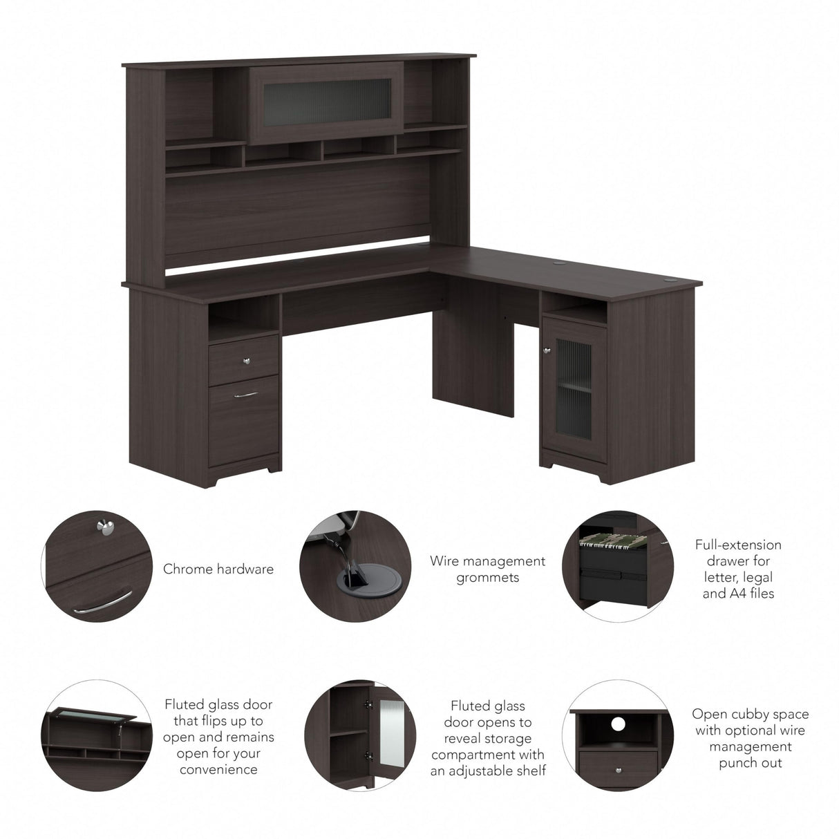 Cabot L Shaped Computer Desk with Hutch and Storage, 72W, Heather Gray