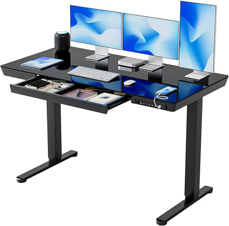 Electric Standing Desk with Drawers, 48 inch Whole-Piece Glass Desktop