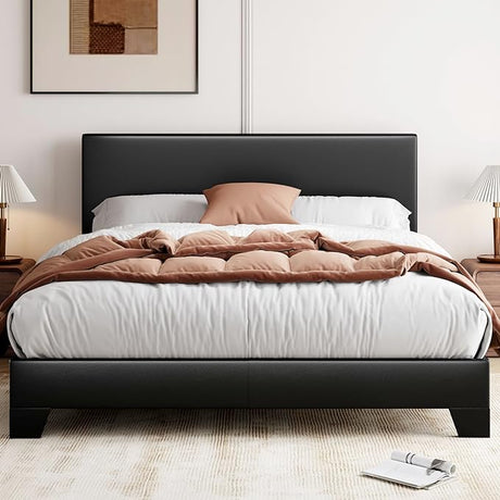 Queen Size Bed Frame with Adjustable Headboard, Upholstered Platform Bed with Wood