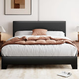 Full Size Bed Frame with Adjustable Headboard, Faux Leather Platform Bed with Wood