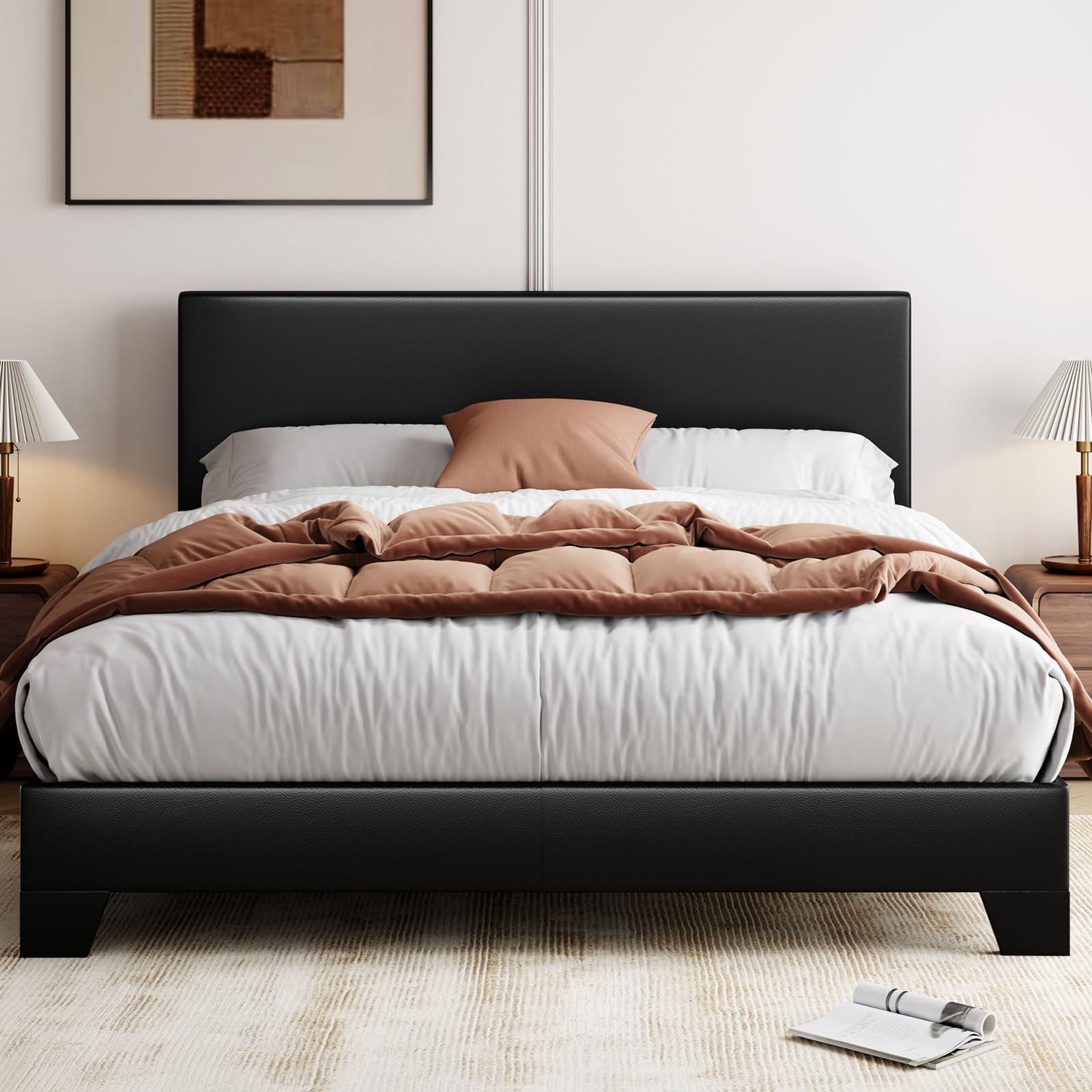 Full Size Bed Frame with Adjustable Headboard, Faux Leather Platform Bed with Wood