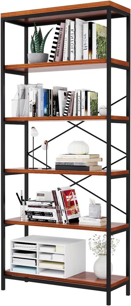 Wood and Metal Minimalist 5 Tier Bookshelf, 6 feet Tall Open Rustic Wide Bookcase