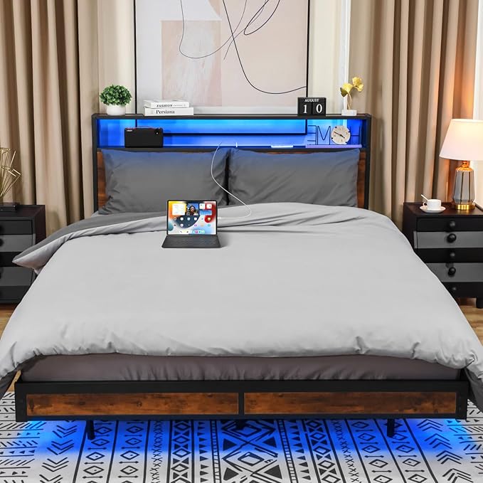 Full Bed Frame with 2-Tier Storage Headboard, Metal Industrial Style Platform