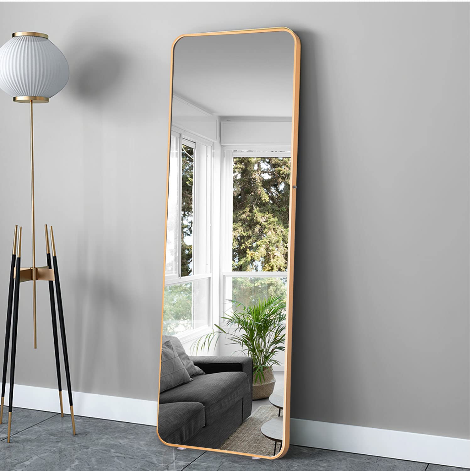Full Length Floor Mirror 65x22 - Gold Rounded Corner Standing Wall Mount