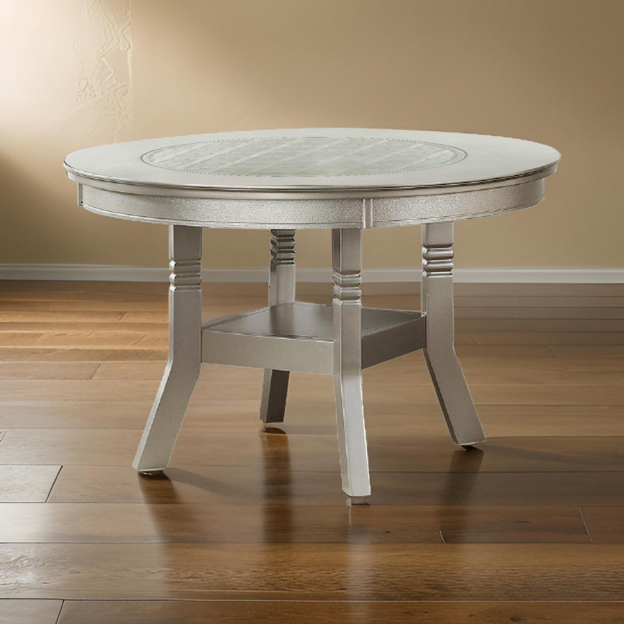 Benjara Round Wooden Dining Table with Glass Inserted Top,