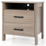 Nightstand with 2 Drawers, Wooden End Side Table with Open Storage Shelf and Cable