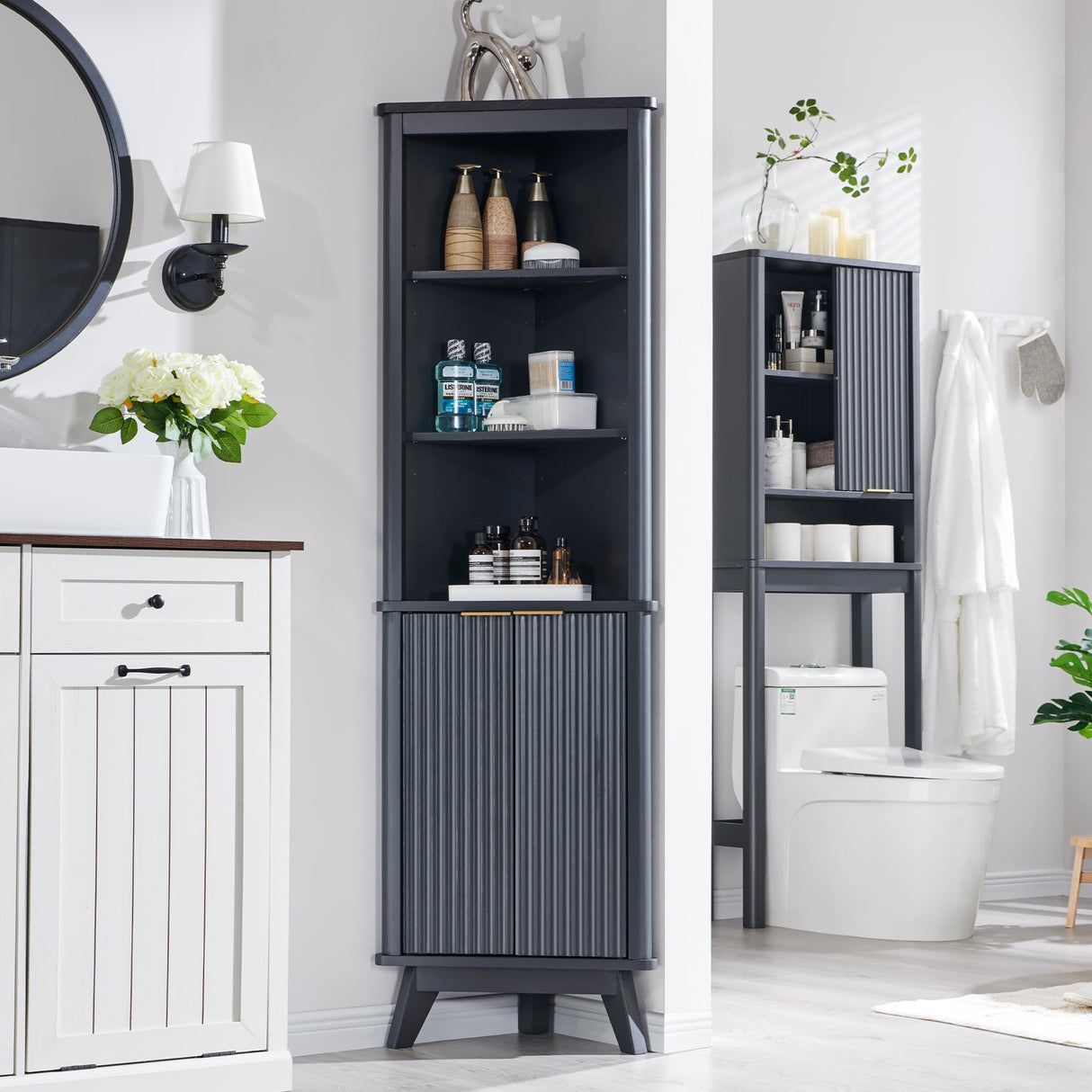 68" Tall Corner Cabinet, Modern Fluted Storage Cabinet with Faux Marble Top & Adjustable