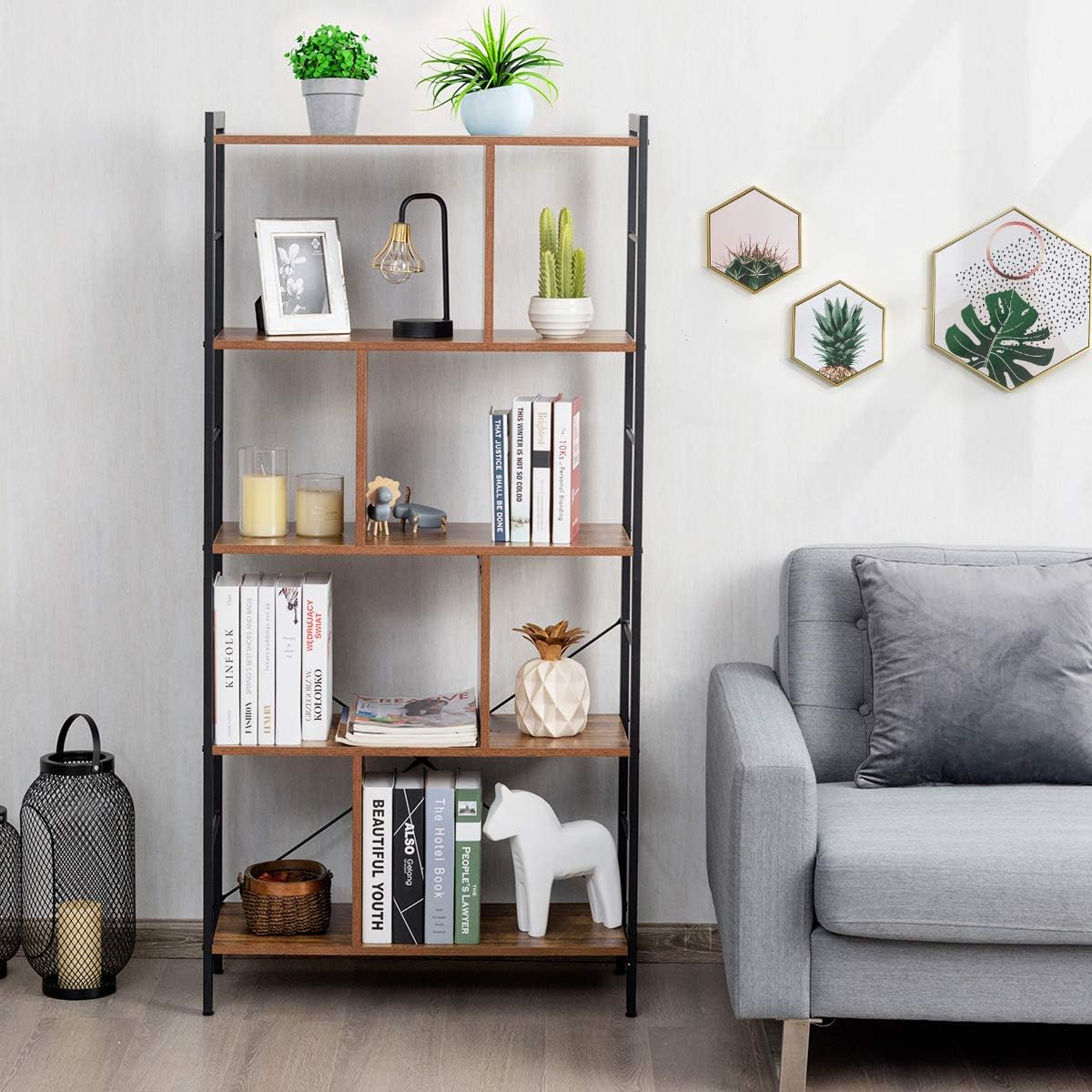 5-Tier Bookshelf, Industrial Style Bookcase with Metal Frame, Free Standing Storage Display Shelves